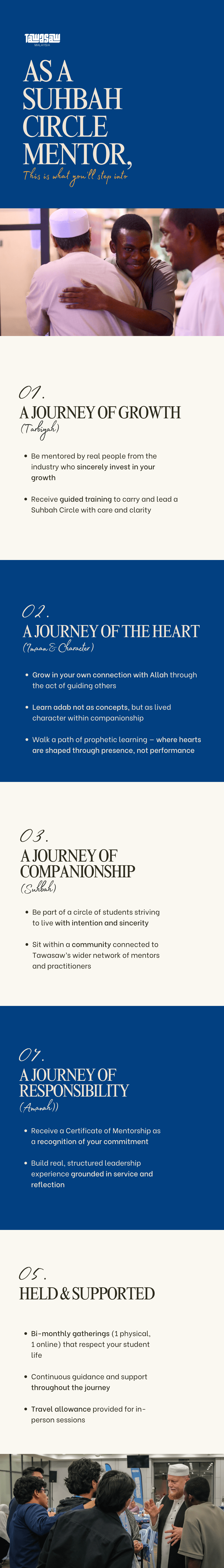 As a Suhbah Circle mentor, this is what you'll do with us: a journey of growth (tarbiyah), heart (iman and character), companionship (suhbah), responsibility (amanah), and being held and supported throughout.
